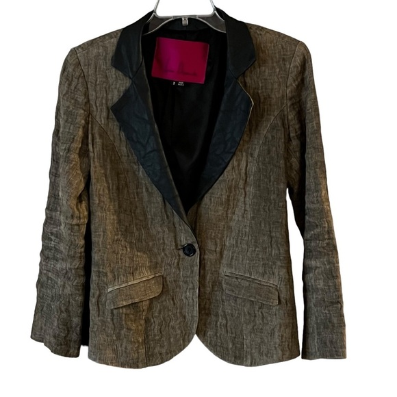 Heidi Merrick Blazer Notched Leather Lapel Elbow Patched Single Button Front 2 - Picture 10 of 10